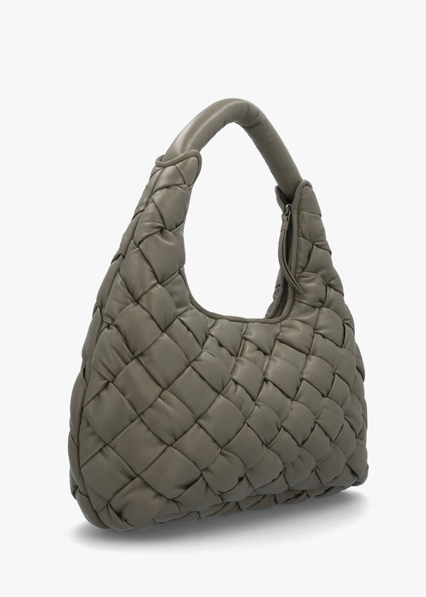 Veave Khaki Leather Woven Shoulder Bag