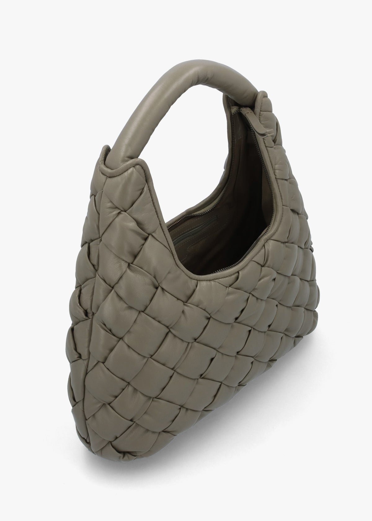 Veave Khaki Leather Woven Shoulder Bag