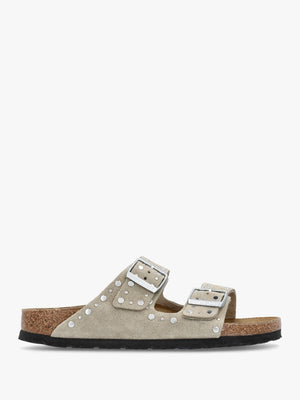 Arizona Rivet Border Taupe Suede Two Bar Mules