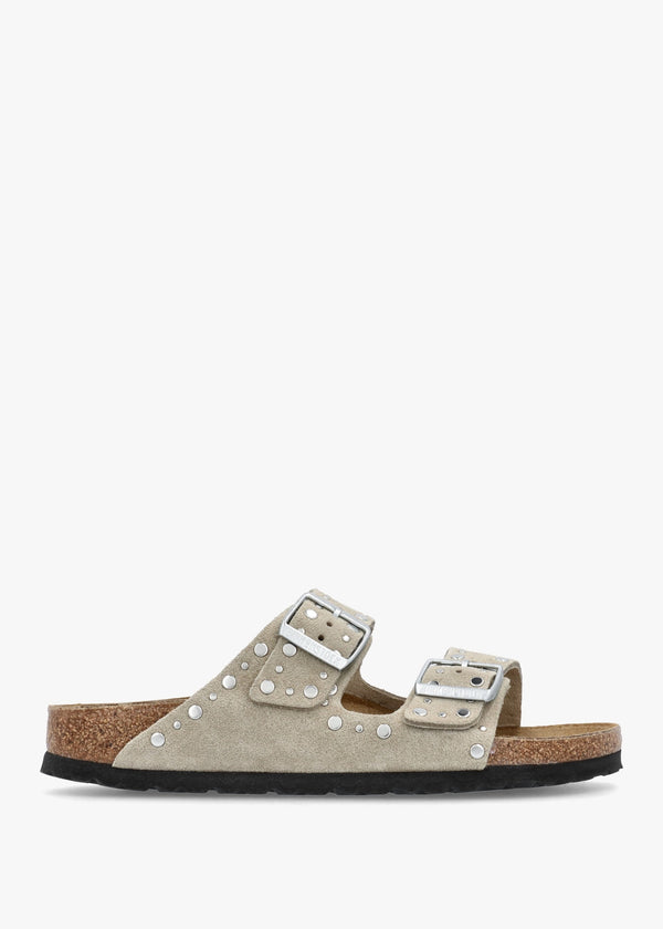 Arizona Rivet Border Taupe Suede Two Bar Mules