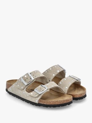 Arizona Rivet Border Taupe Suede Two Bar Mules