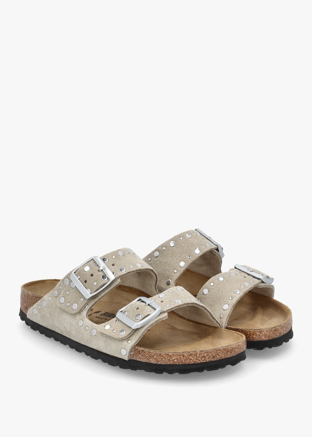 Arizona Rivet Border Taupe Suede Two Bar Mules