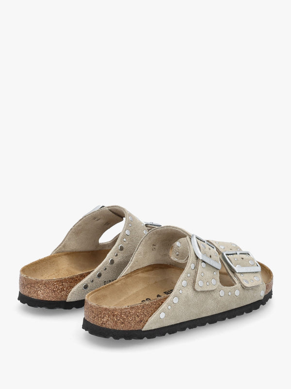 Arizona Rivet Border Taupe Suede Two Bar Mules