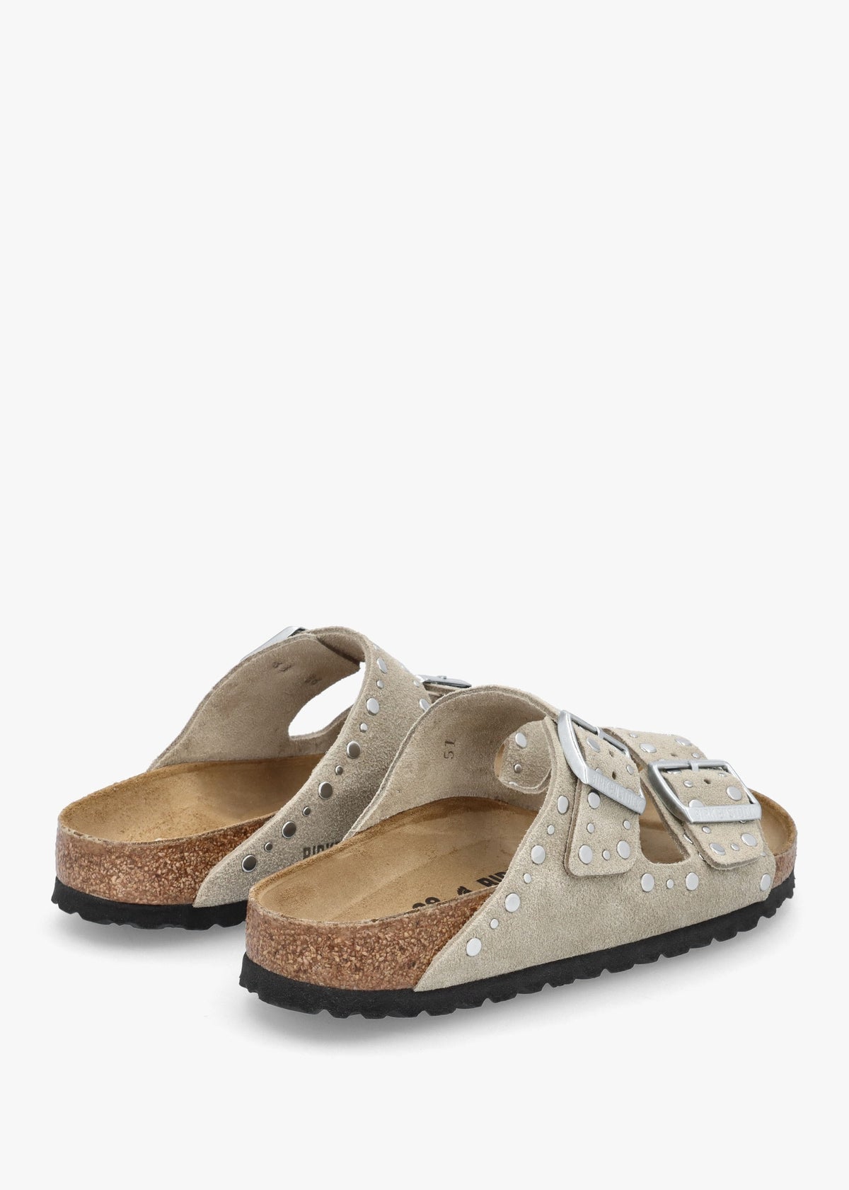 Arizona Rivet Border Taupe Suede Two Bar Mules