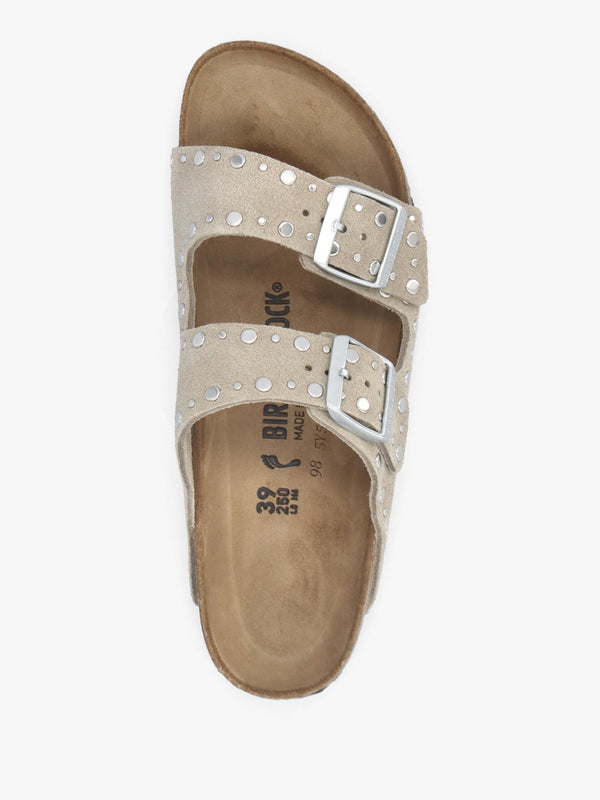Arizona Rivet Border Taupe Suede Two Bar Mules