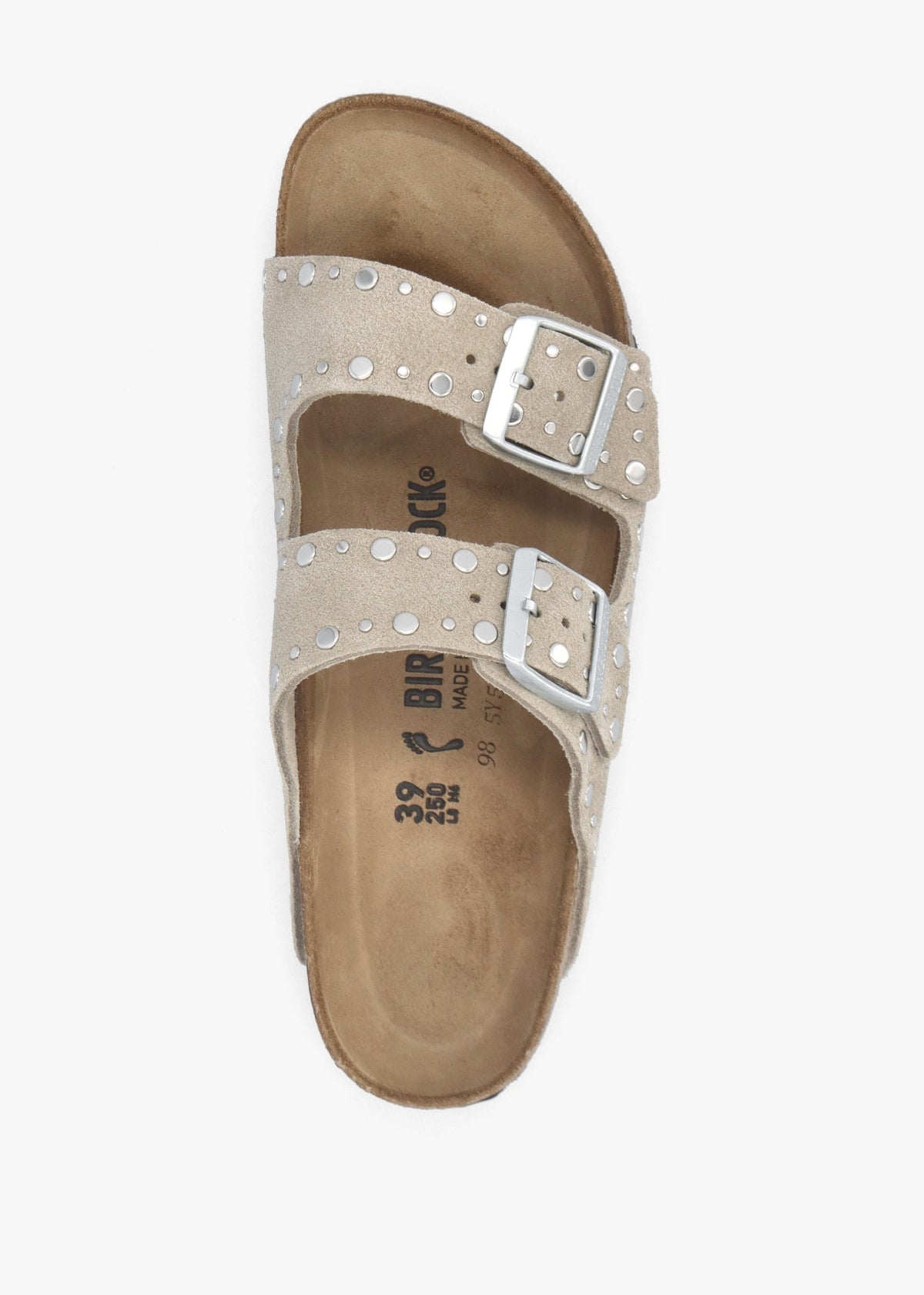 Arizona Rivet Border Taupe Suede Two Bar Mules