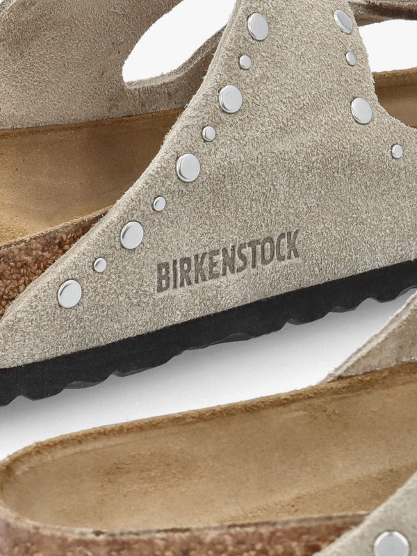 Arizona Rivet Border Taupe Suede Two Bar Mules