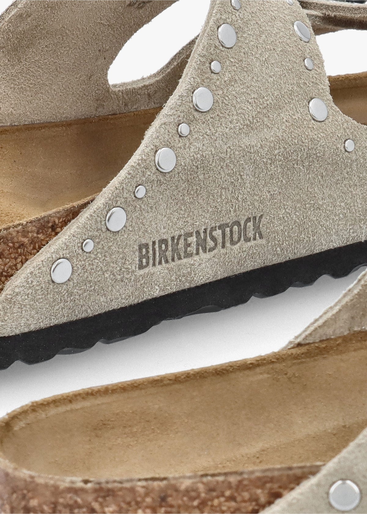 Arizona Rivet Border Taupe Suede Two Bar Mules