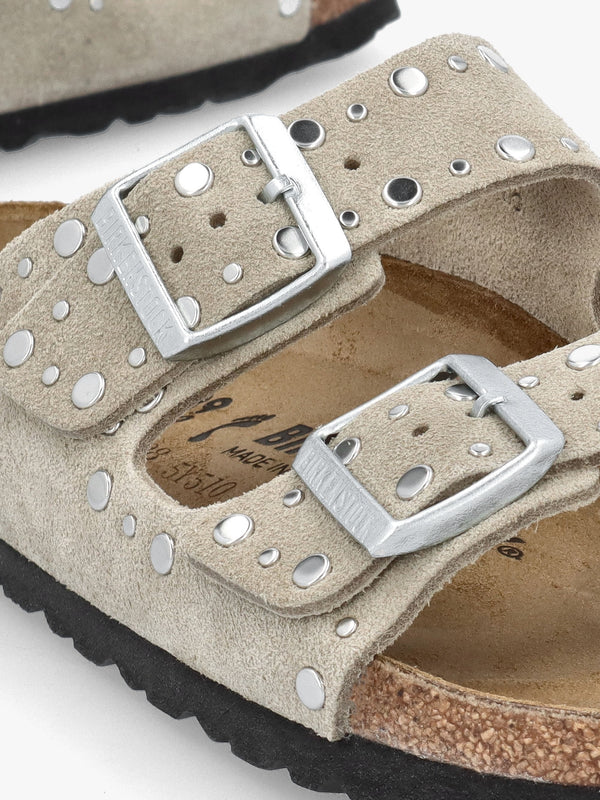 Arizona Rivet Border Taupe Suede Two Bar Mules