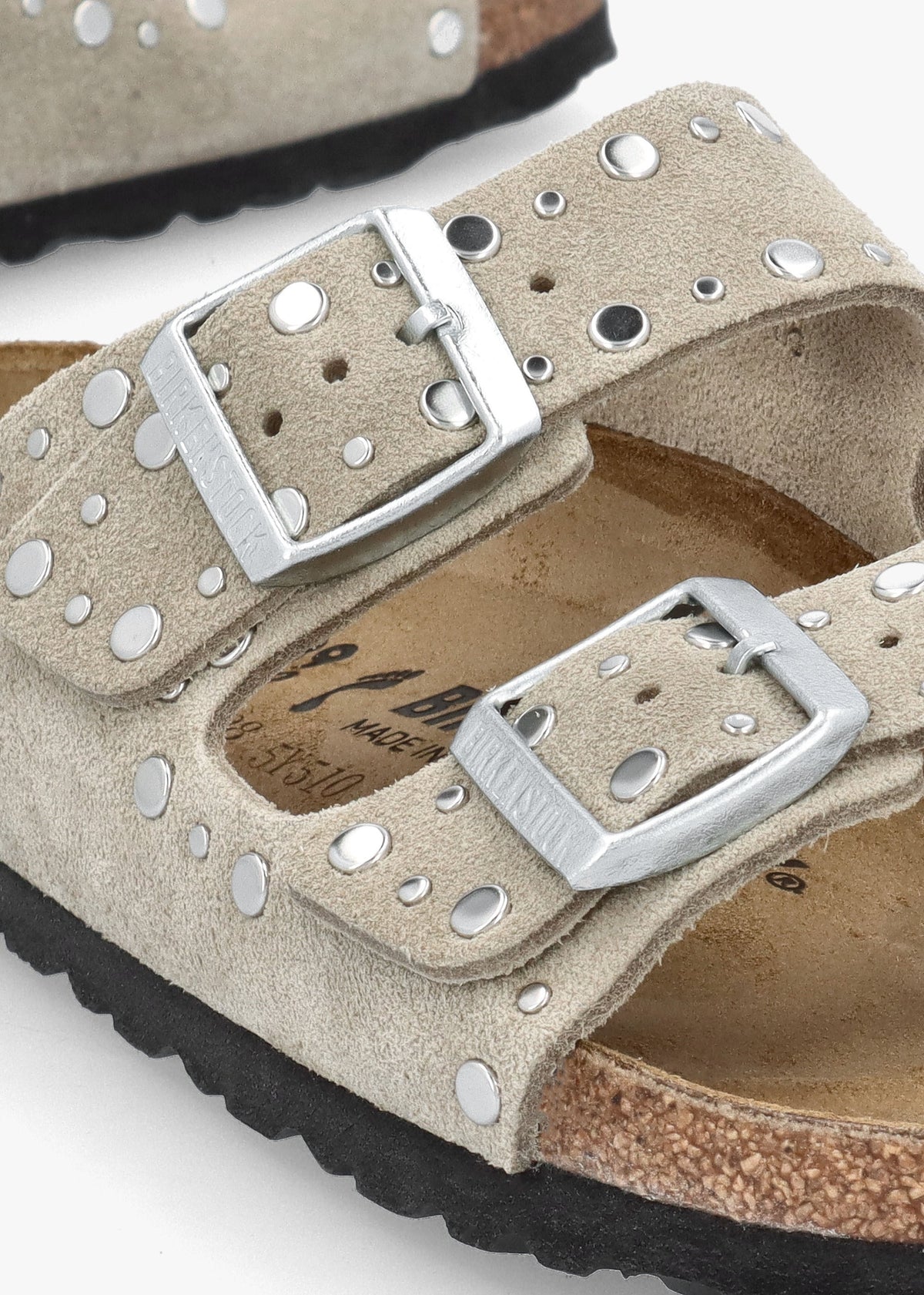 Arizona Rivet Border Taupe Suede Two Bar Mules