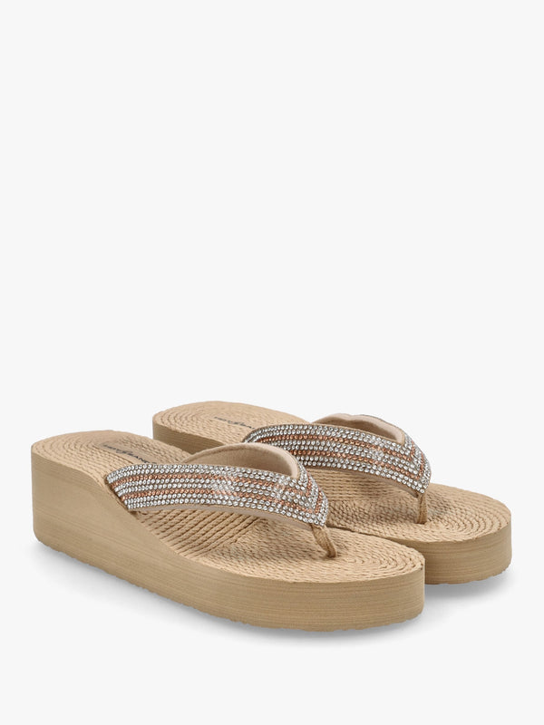 Beige Diamante Toe Post Wedge Flip Flops