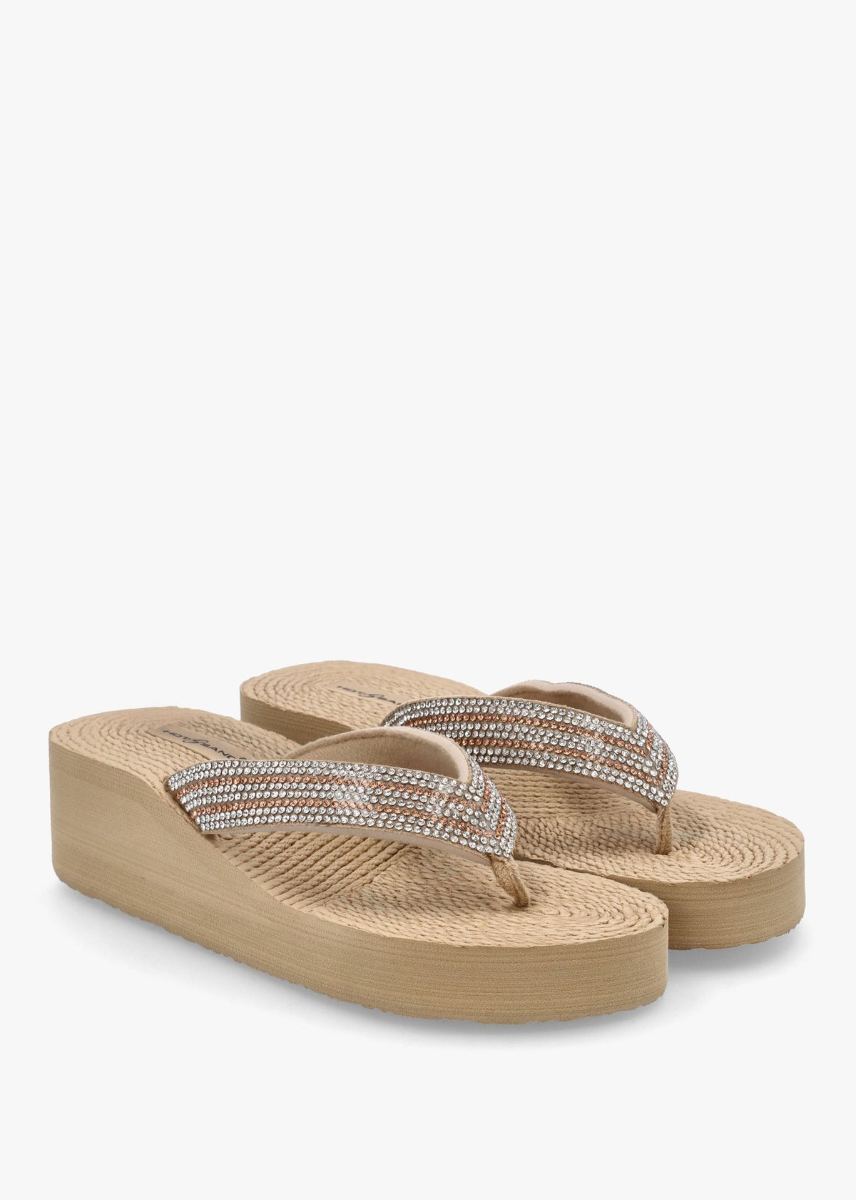 Beige Diamante Toe Post Wedge Flip Flops
