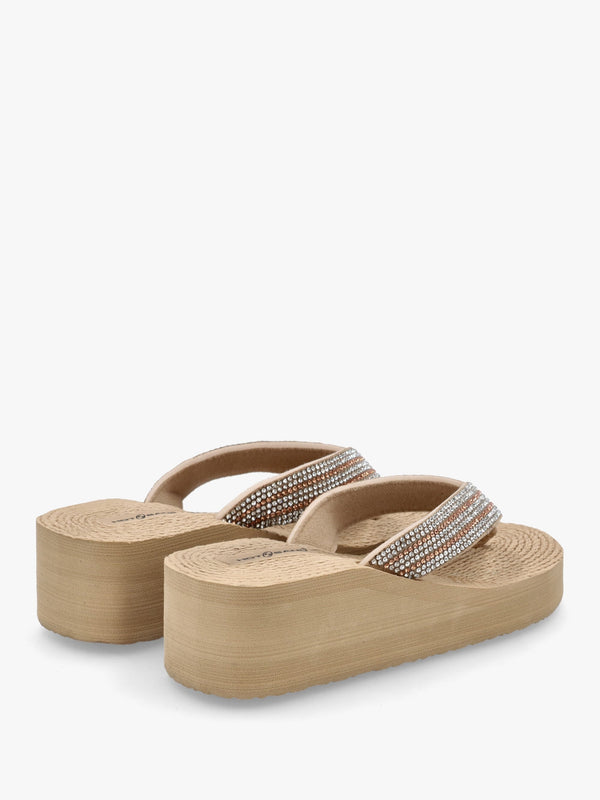 Beige Diamante Toe Post Wedge Flip Flops