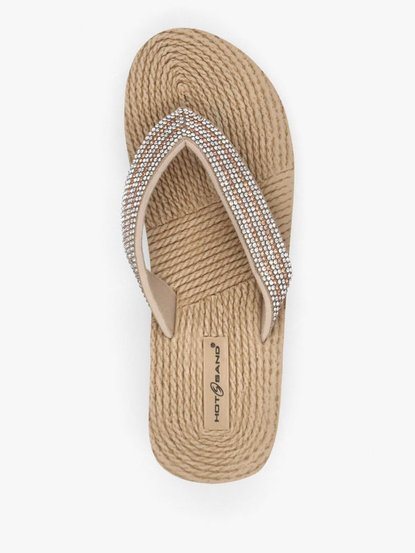 Beige Diamante Toe Post Wedge Flip Flops