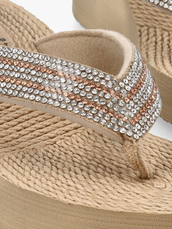 Beige Diamante Toe Post Wedge Flip Flops