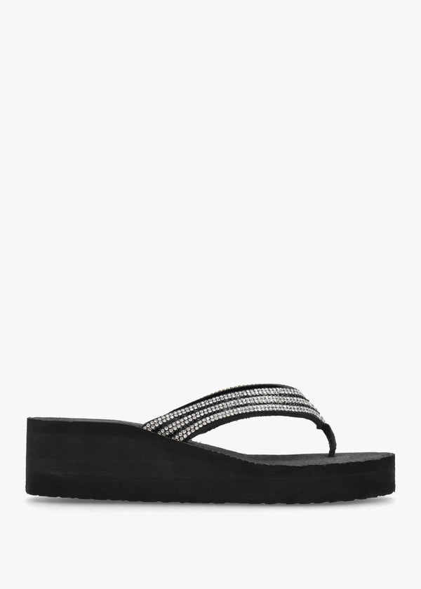 Black Diamante Toe Post Wedge Flip Flops