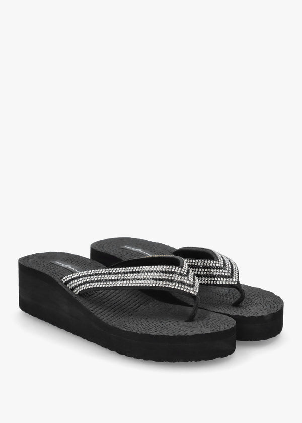 Black Diamante Toe Post Wedge Flip Flops