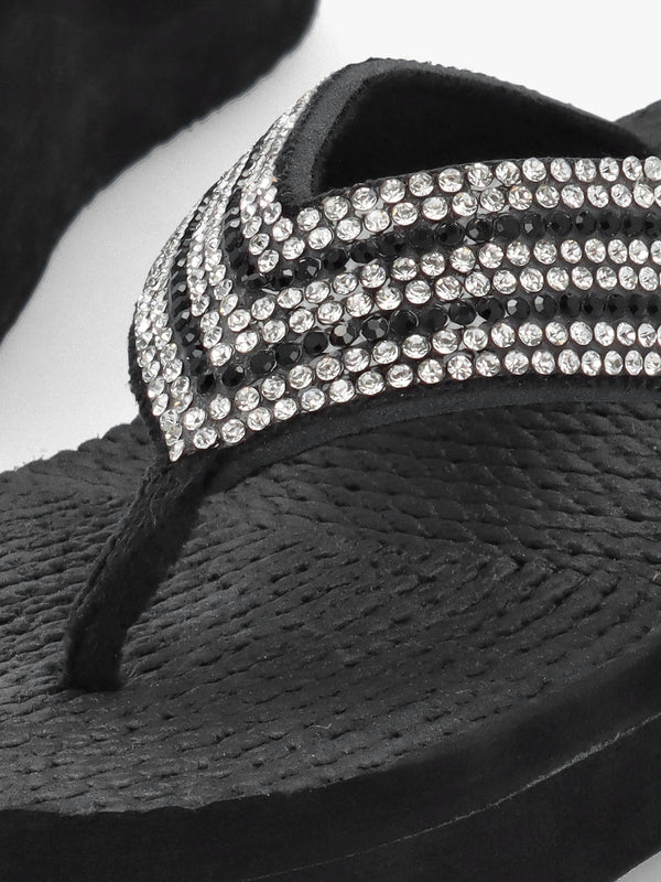 Black Diamante Toe Post Wedge Flip Flops