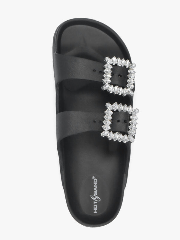 Black Two Bar Embellished Mules