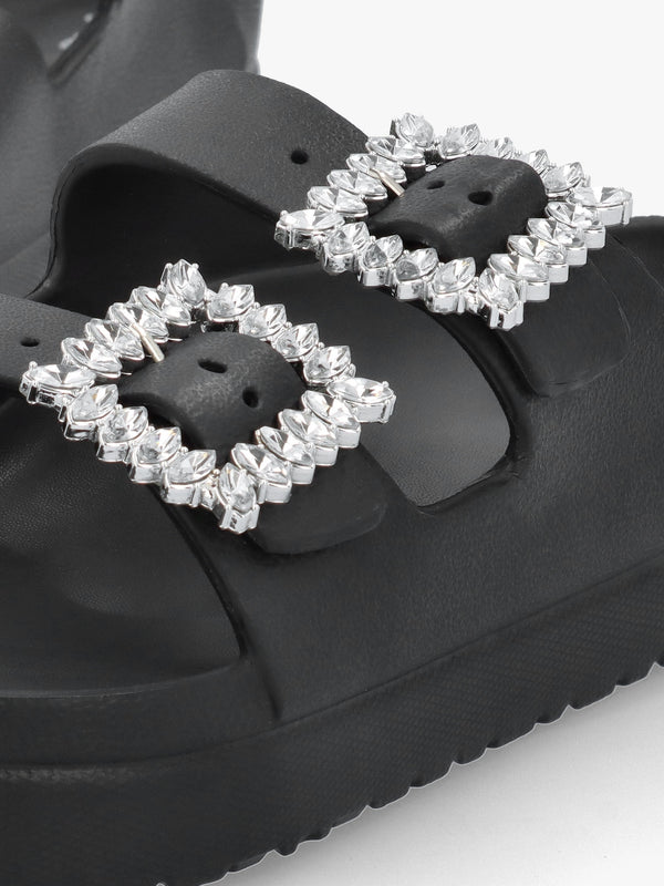 Black Two Bar Embellished Mules