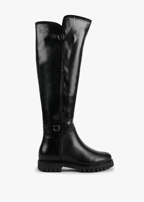 Sictor Black Leather Double Buckle Over The Knee Boots