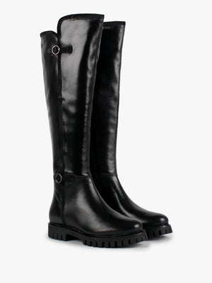 Sictor Black Leather Double Buckle Over The Knee Boots