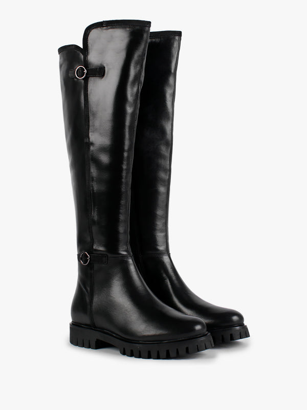 Sictor Black Leather Double Buckle Over The Knee Boots