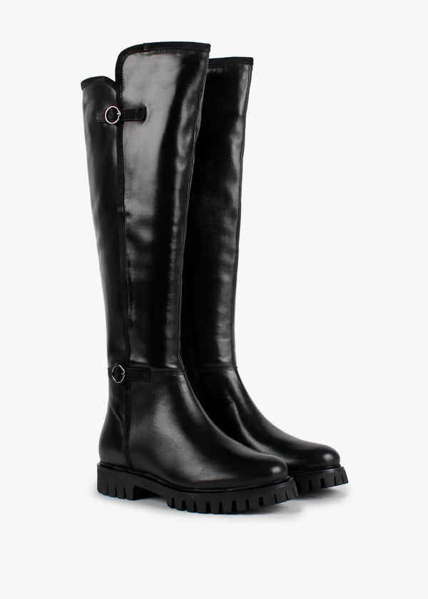 Sictor Black Leather Double Buckle Over The Knee Boots