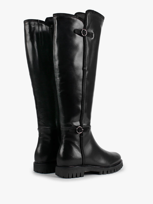 Sictor Black Leather Double Buckle Over The Knee Boots
