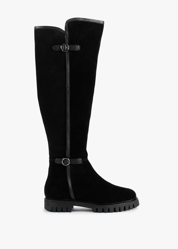 Sictor Black Suede Double Buckle Over The Knee Boots