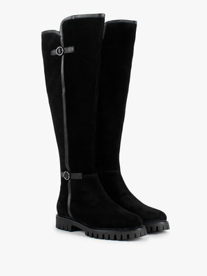 Sictor Black Suede Double Buckle Over The Knee Boots