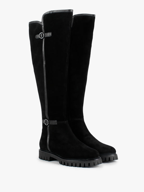 Sictor Black Suede Double Buckle Over The Knee Boots