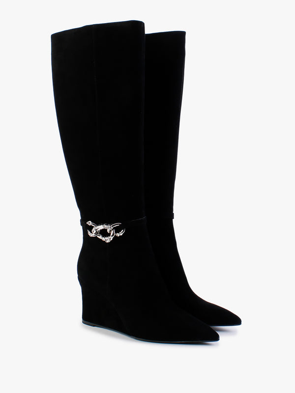 Sedge Black Suede Embellished Wedge Knee Boot