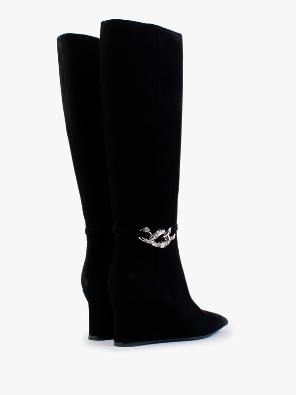 Sedge Black Suede Embellished Wedge Knee Boot