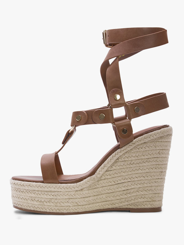 Serenity Tan Leather Ankle Tie Wedge Espadrilles