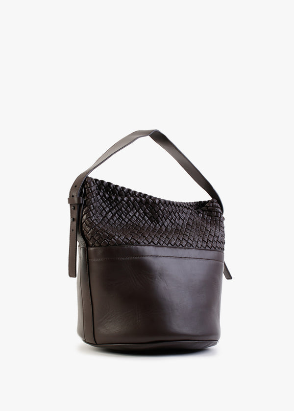 Woven Brown Leather Bucket Bag