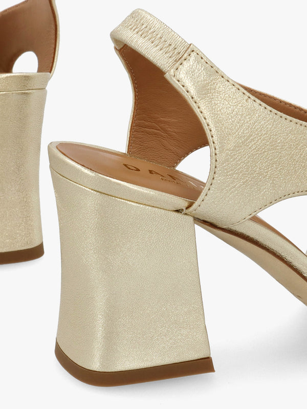 Scoop Gold Leather Cut Away Shaped Heel Sandals