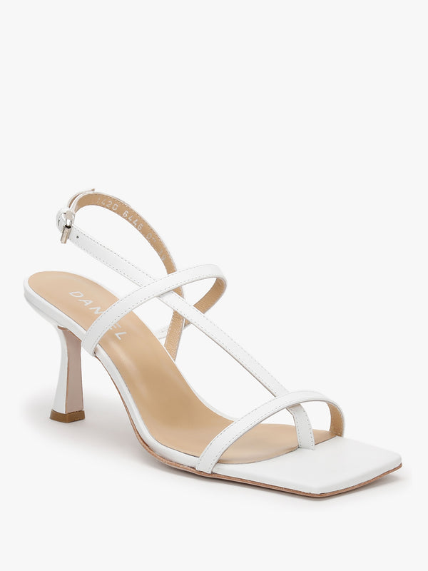 Barely White Leather Square Toe Post Heeled Sandals