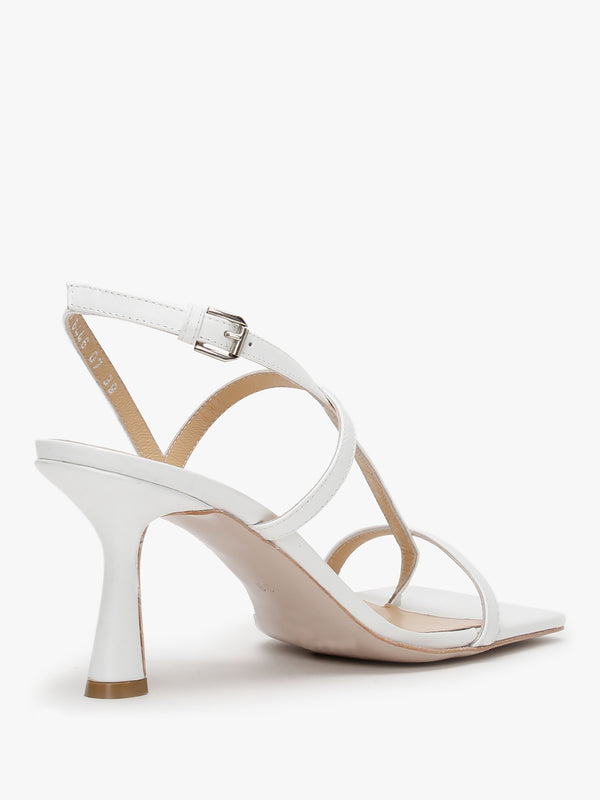 Barely White Leather Square Toe Post Heeled Sandals