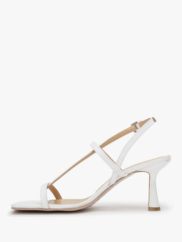Barely White Leather Square Toe Post Heeled Sandals