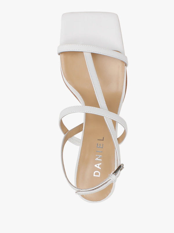 Barely White Leather Square Toe Post Heeled Sandals