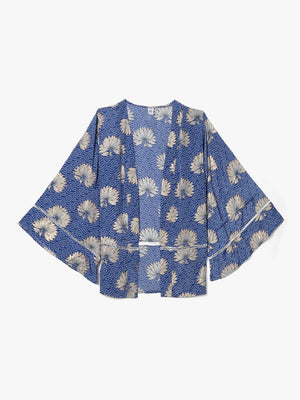 Blue Multicoloured Crepe Short Kimono