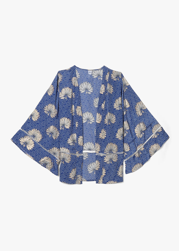 Blue Multicoloured Crepe Short Kimono
