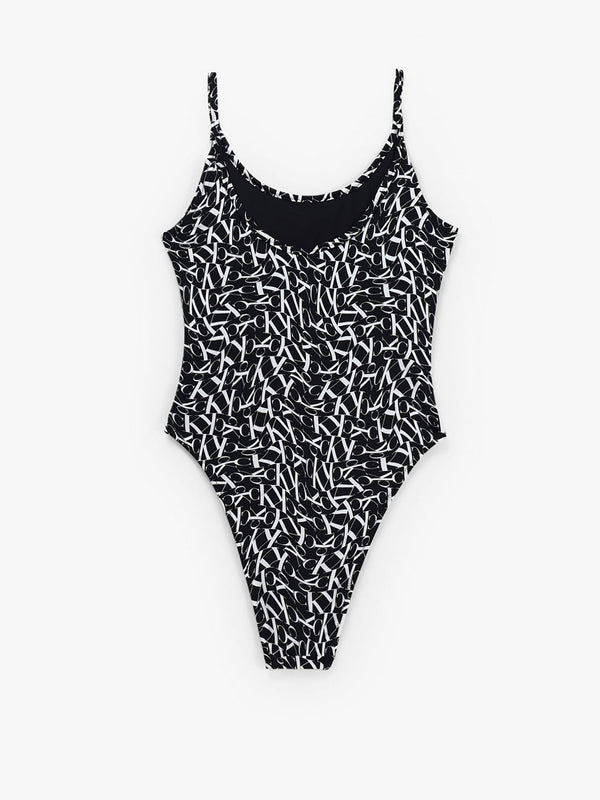 CK Warped Monogram Print Scoop Neck Swimsuit