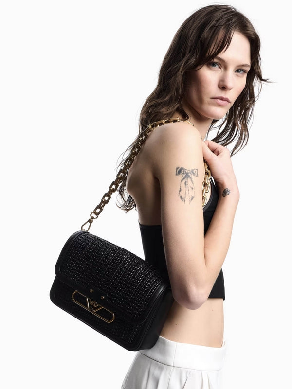 Woven Black Leather Shoulder Bag