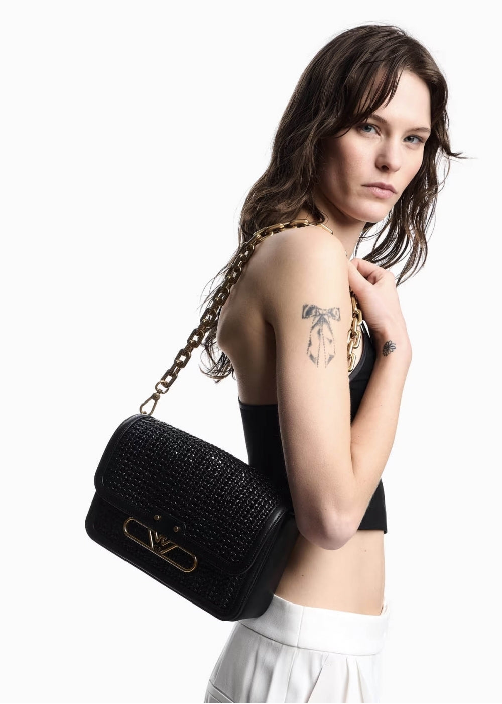 Woven Black Leather Shoulder Bag