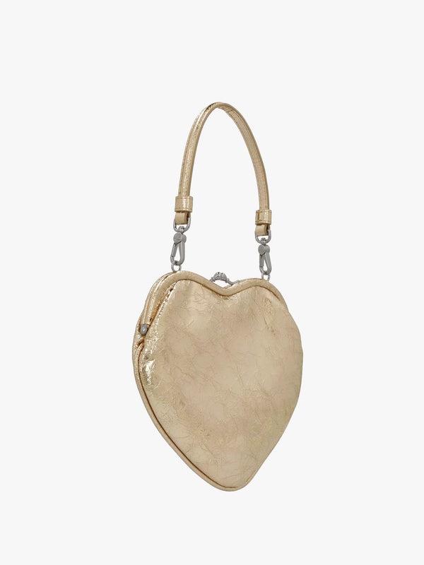Belle Gold Metallic Crinkle Leather Heart Frame Cross-Body Bag