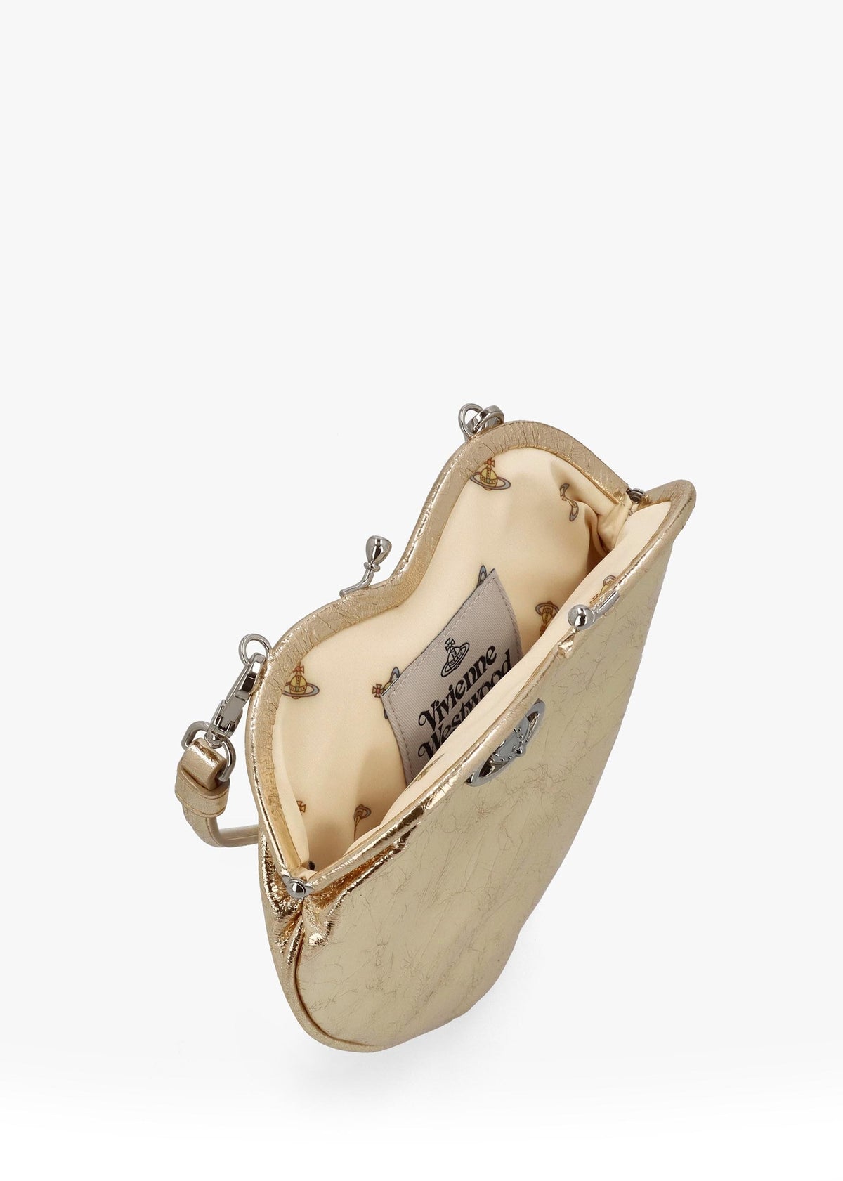 Belle Gold Metallic Crinkle Leather Heart Frame Cross-Body Bag