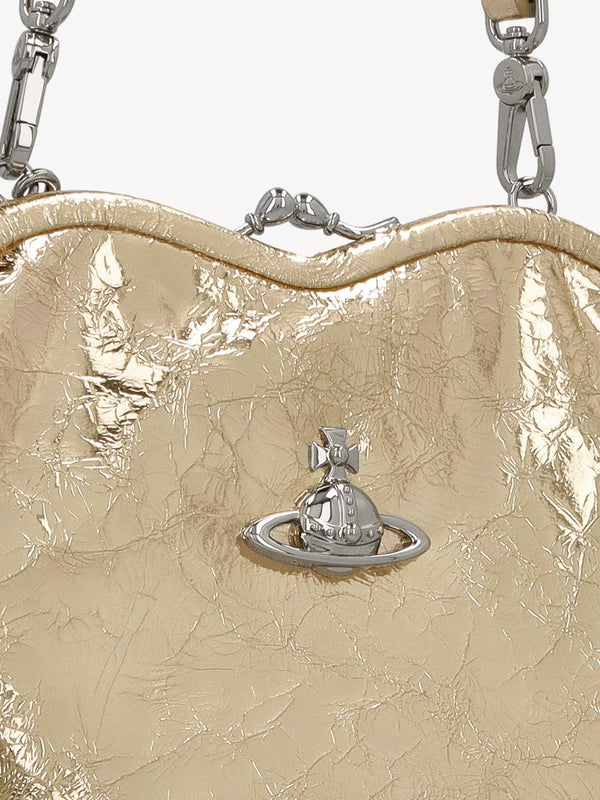 Belle Gold Metallic Crinkle Leather Heart Frame Cross-Body Bag