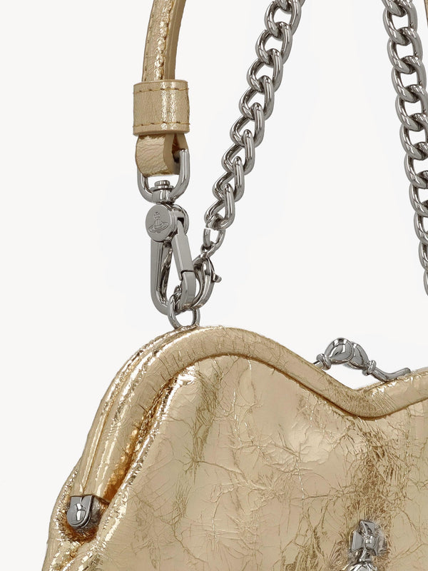 Belle Gold Metallic Crinkle Leather Heart Frame Cross-Body Bag